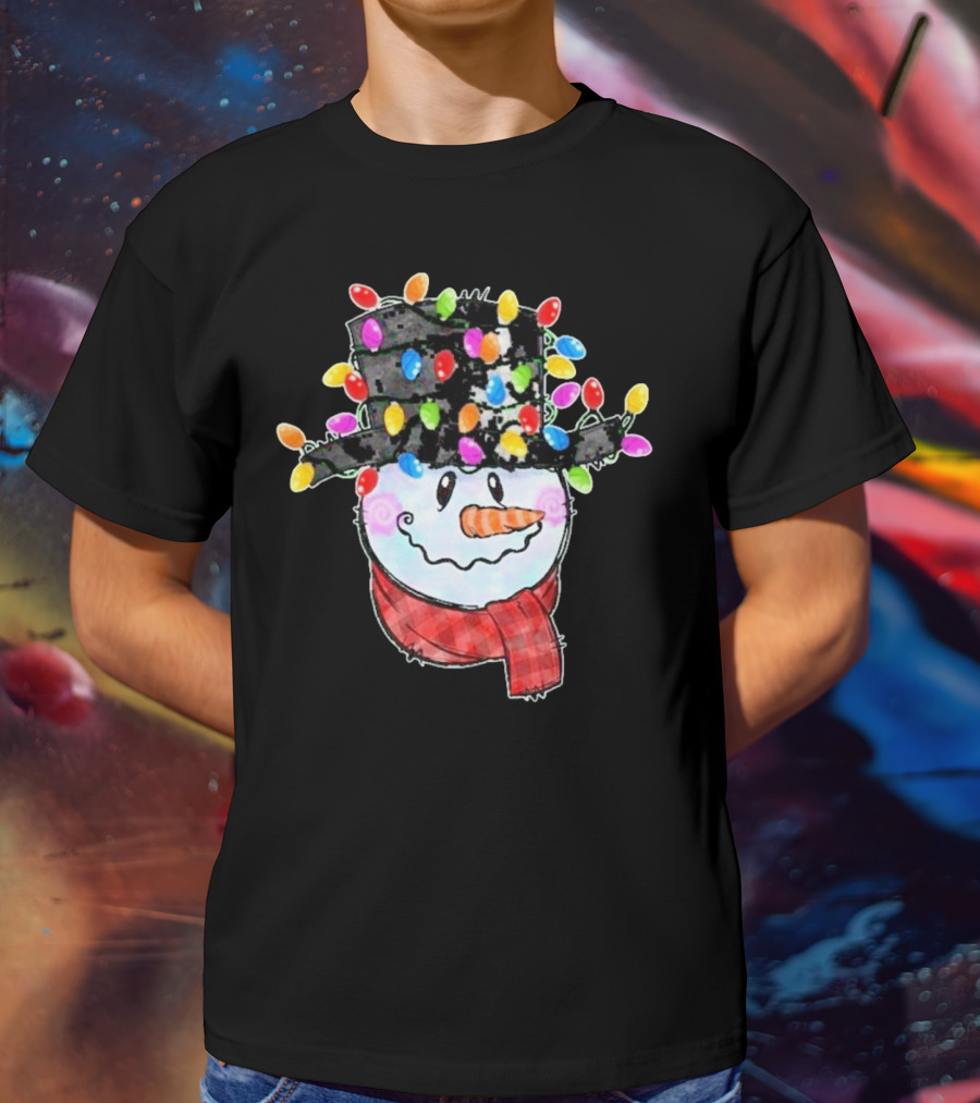 Snowman Wrapped In Colorful Christmas Lights With Black Top Hat And Red Scarf T-Shirt