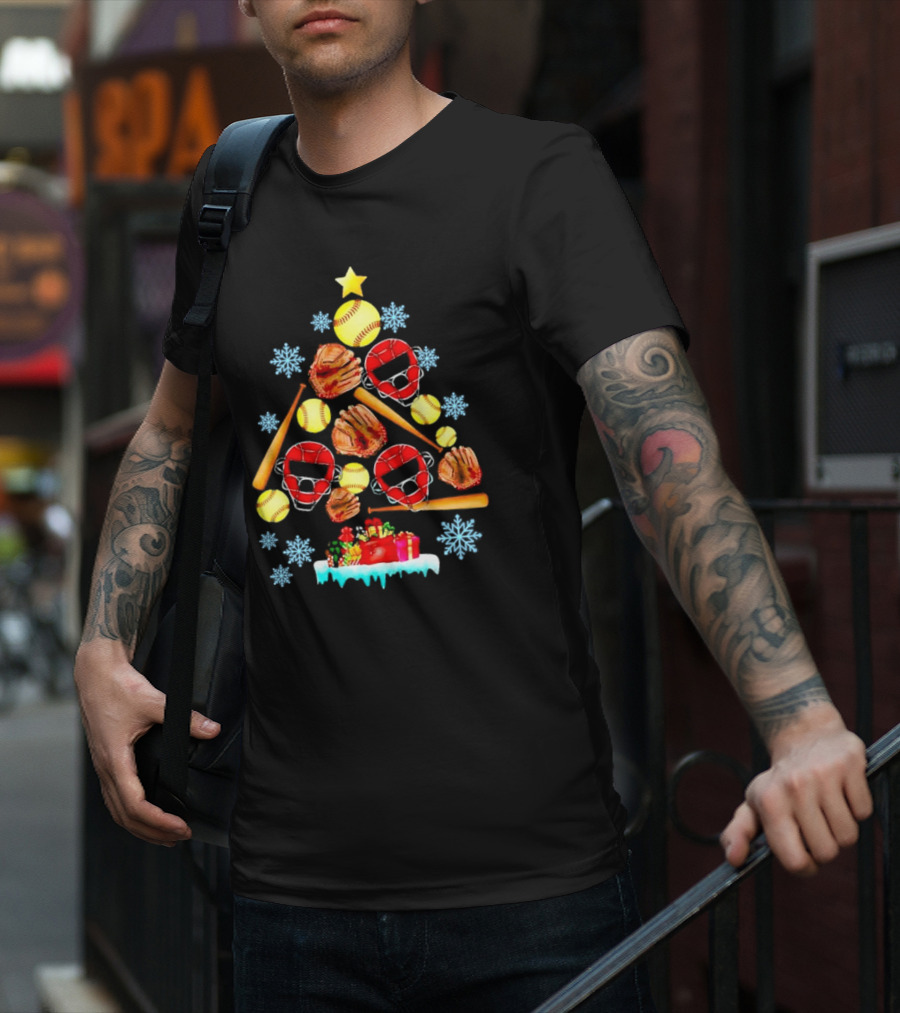 Christmas Tree With Softballs Bats Helmets Mitts And Gifts T-Shirt