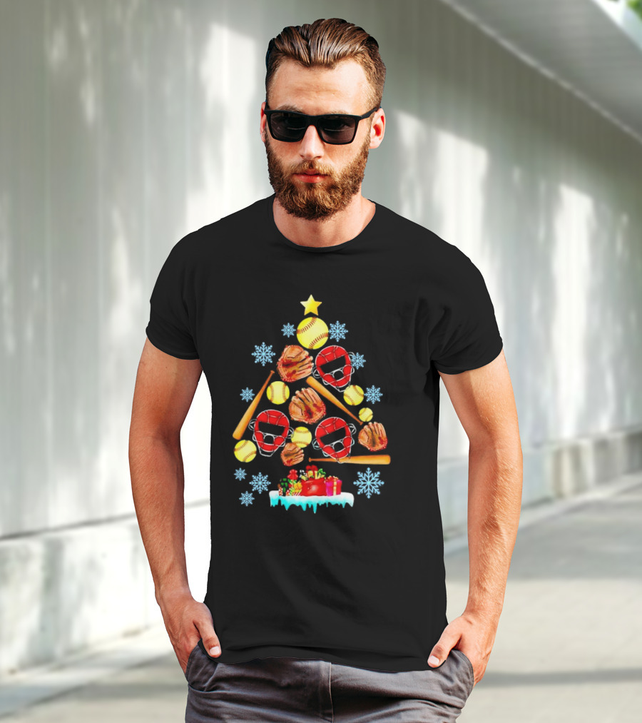 Christmas Tree With Softballs Bats Helmets Mitts And Gifts T-Shirt