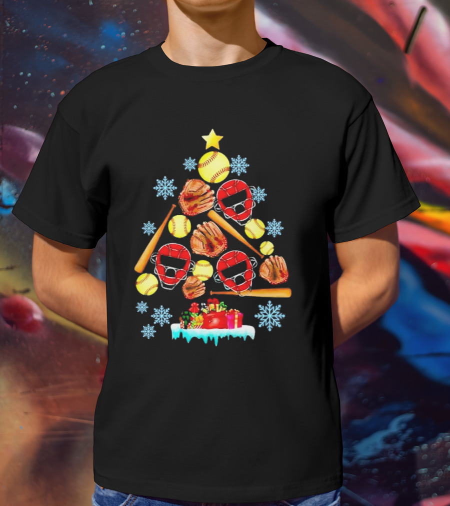 Christmas Tree With Softballs Bats Helmets Mitts And Gifts T-Shirt