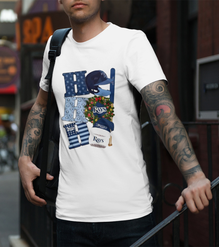 Tampa Bay Rays Ho Ho Ho Merry Christmas Baseball Helmet Wreath T-Shirt