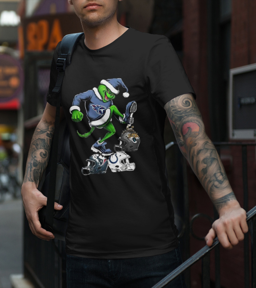 Tennessee Titans Grinch Stomping Jaguars Texans Colts Helmets Christmas T-Shirt