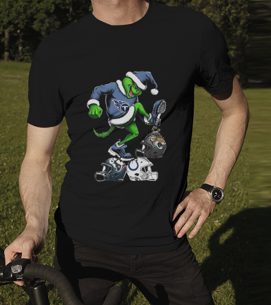 Tennessee Titans Grinch Stomping Jaguars Texans Colts Helmets Christmas T-Shirt