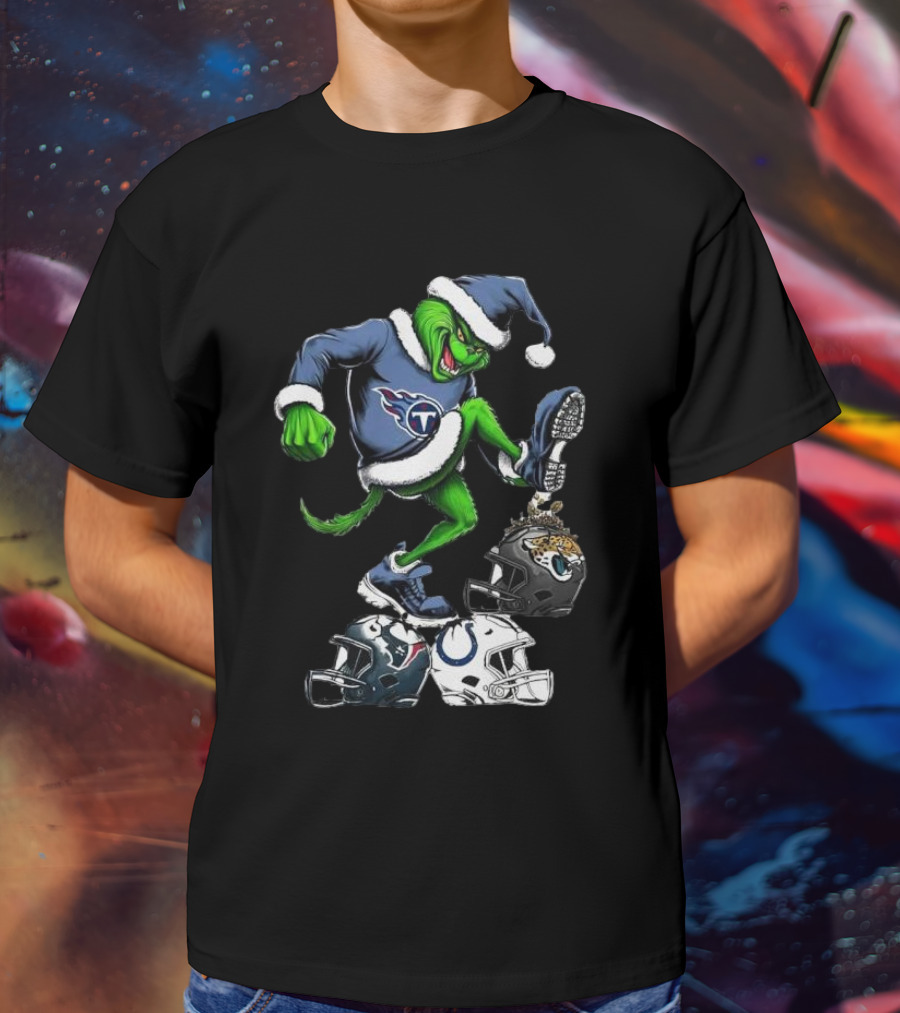 Tennessee Titans Grinch Stomping Jaguars Texans Colts Helmets Christmas T-Shirt
