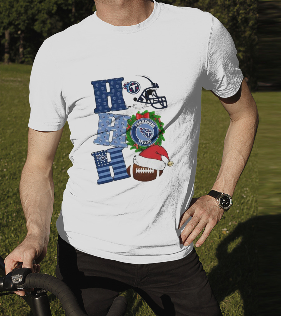 Tennessee Titans Ho Ho Ho Merry Christmas Football Helmet Santa Hat Wreath T-Shirt