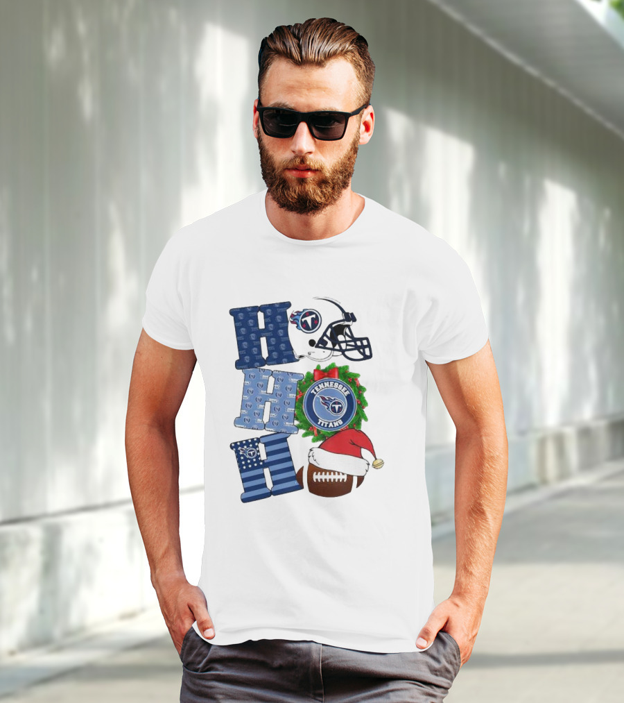 Tennessee Titans Ho Ho Ho Merry Christmas Football Helmet Santa Hat Wreath T-Shirt