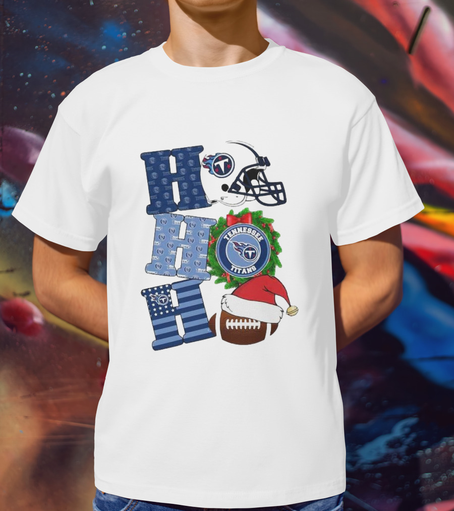 Tennessee Titans Ho Ho Ho Merry Christmas Football Helmet Santa Hat Wreath T-Shirt