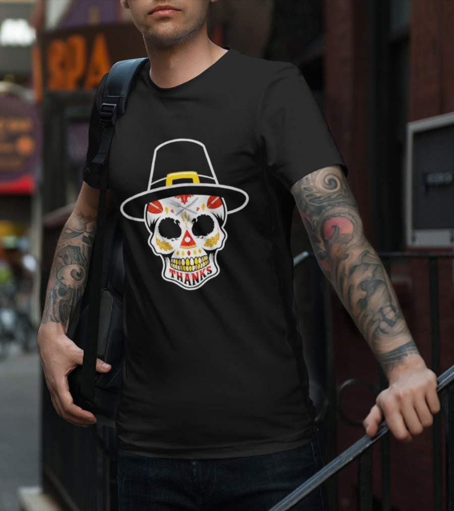 Thanksgiving Sugar Skull Thanks Pilgrim Hat Football Leaves T-Shirt