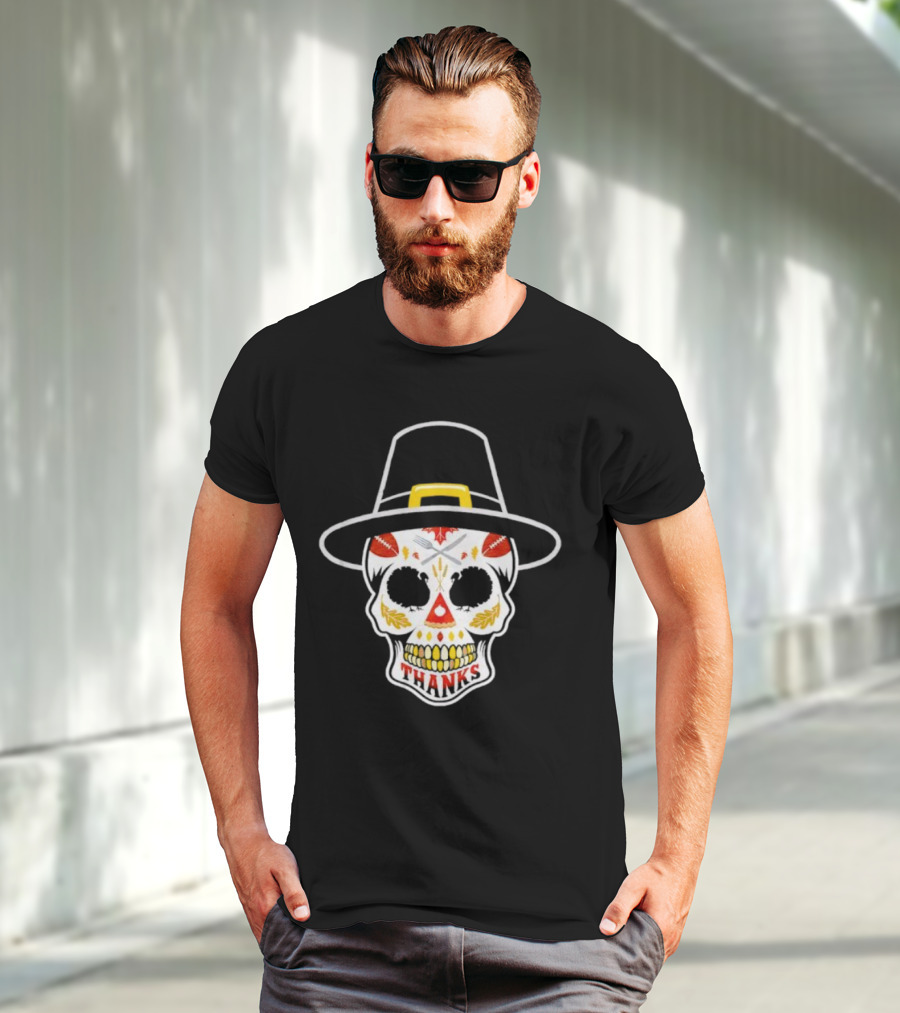 Thanksgiving Sugar Skull Thanks Pilgrim Hat Football Leaves T-Shirt