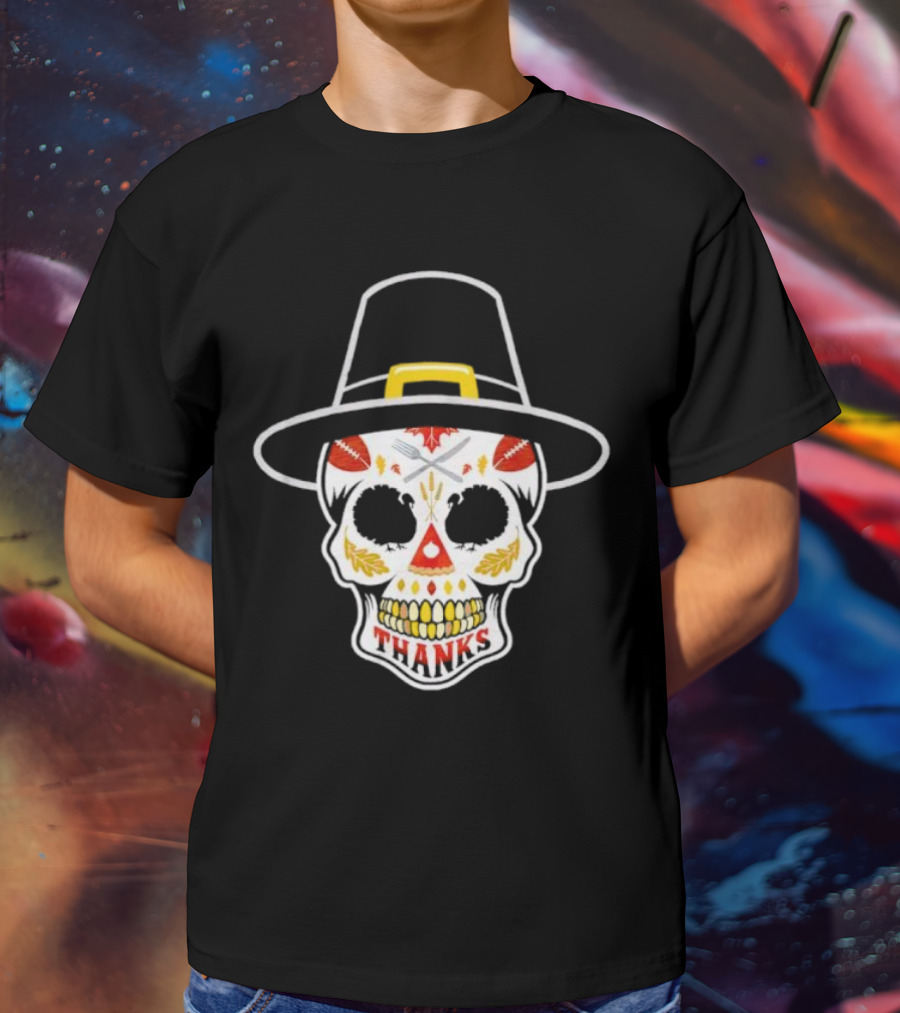 Thanksgiving Sugar Skull Thanks Pilgrim Hat Football Leaves T-Shirt