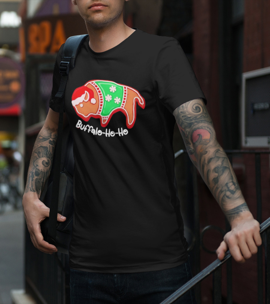 Buffalo-Ho-Ho Christmas Gingerbread Bison Santa T-Shirt