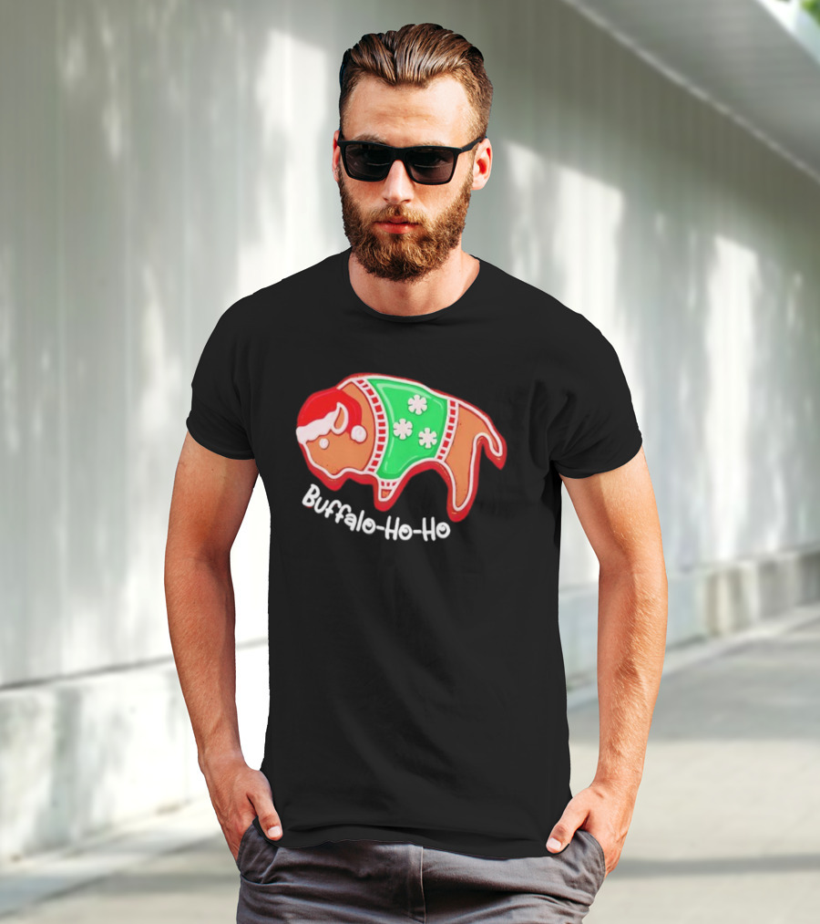 Buffalo-Ho-Ho Christmas Gingerbread Bison Santa T-Shirt