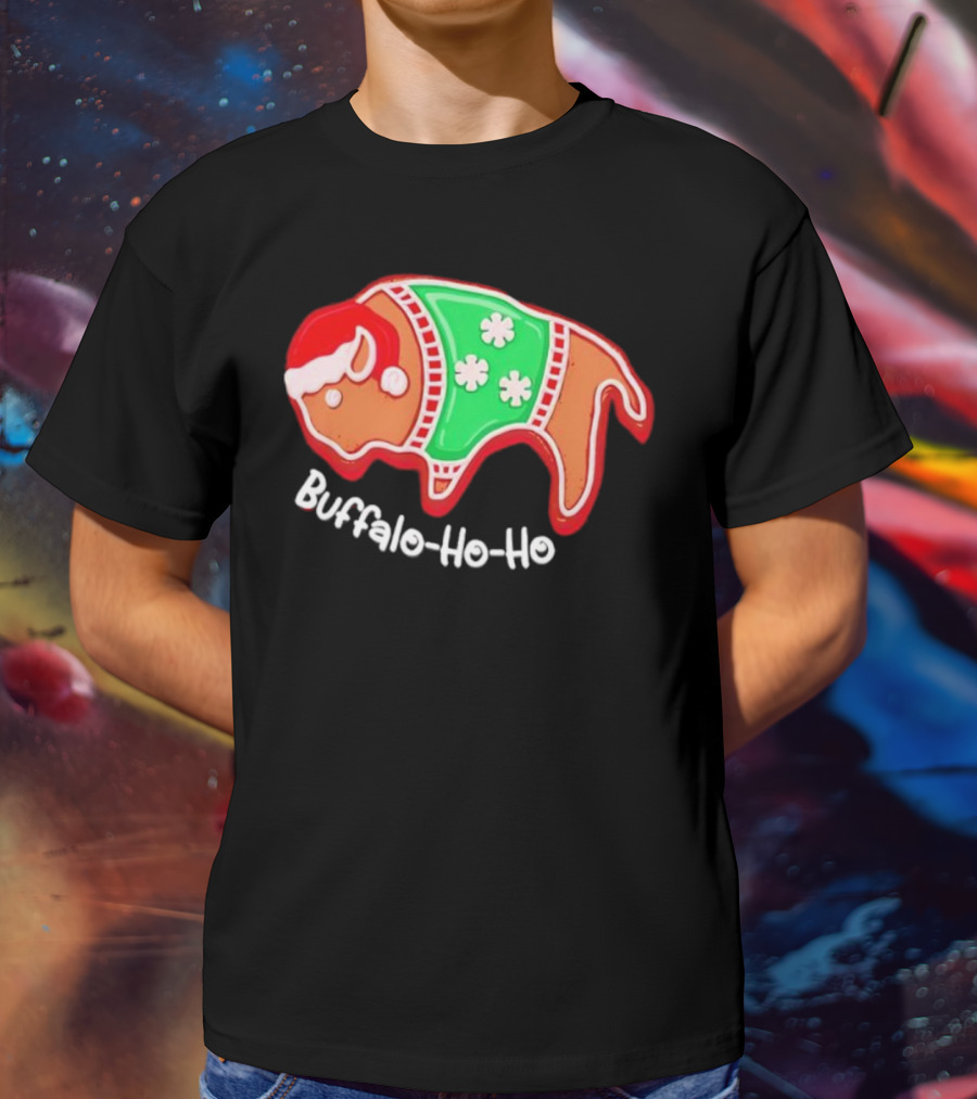 Buffalo-Ho-Ho Christmas Gingerbread Bison Santa T-Shirt