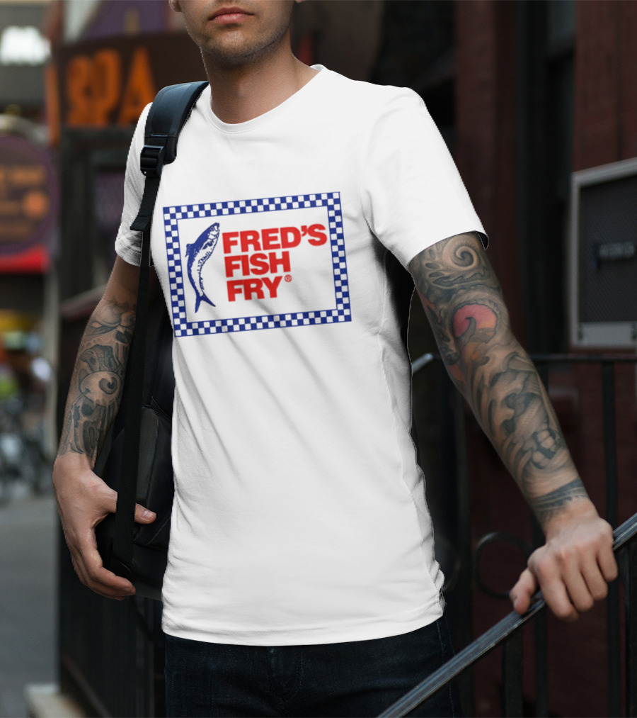FRED'S FISH FRY Checkered Border With Jumping Fish T-Shirt