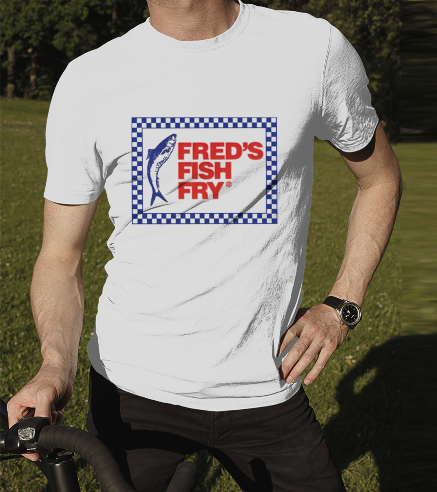 FRED'S FISH FRY Checkered Border With Jumping Fish T-Shirt
