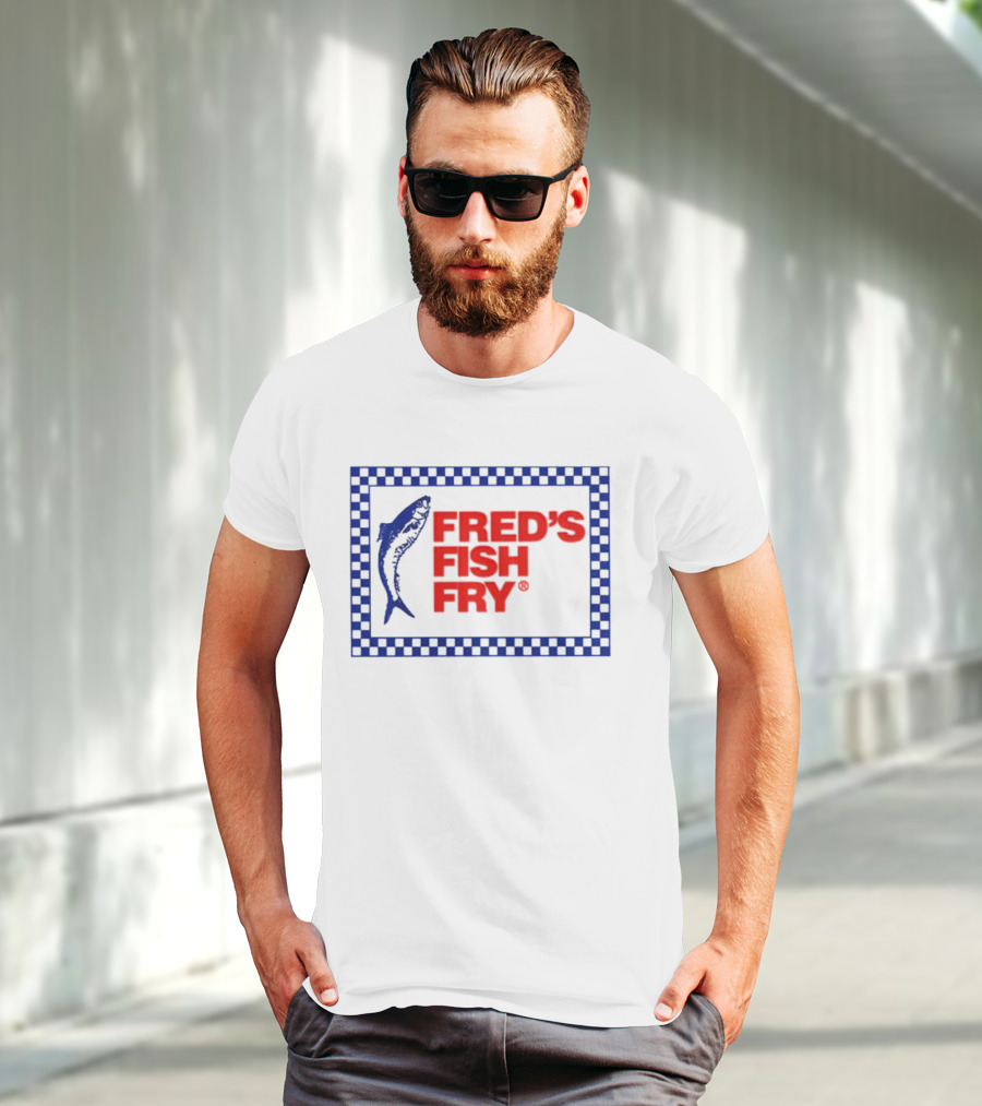 FRED'S FISH FRY Checkered Border With Jumping Fish T-Shirt