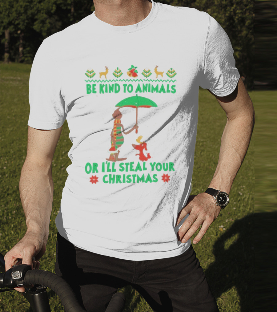Be Kind To Animals Or I’ll Steal Your Christmas Grinch And Dog With Holiday Symbols T-Shirt