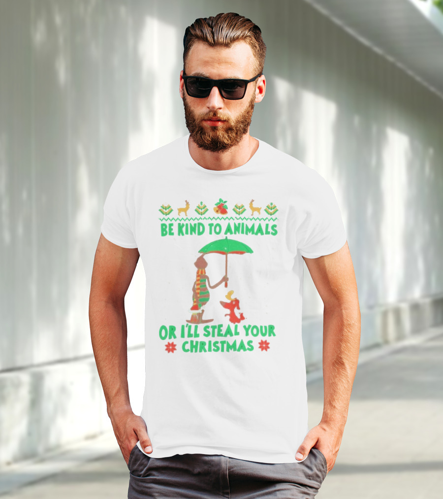 Be Kind To Animals Or I’ll Steal Your Christmas Grinch And Dog With Holiday Symbols T-Shirt