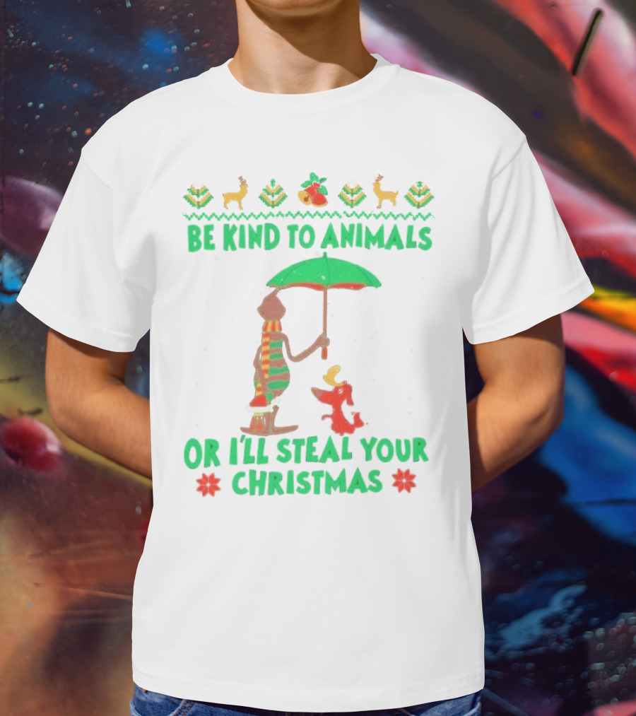 Be Kind To Animals Or I’ll Steal Your Christmas Grinch And Dog With Holiday Symbols T-Shirt