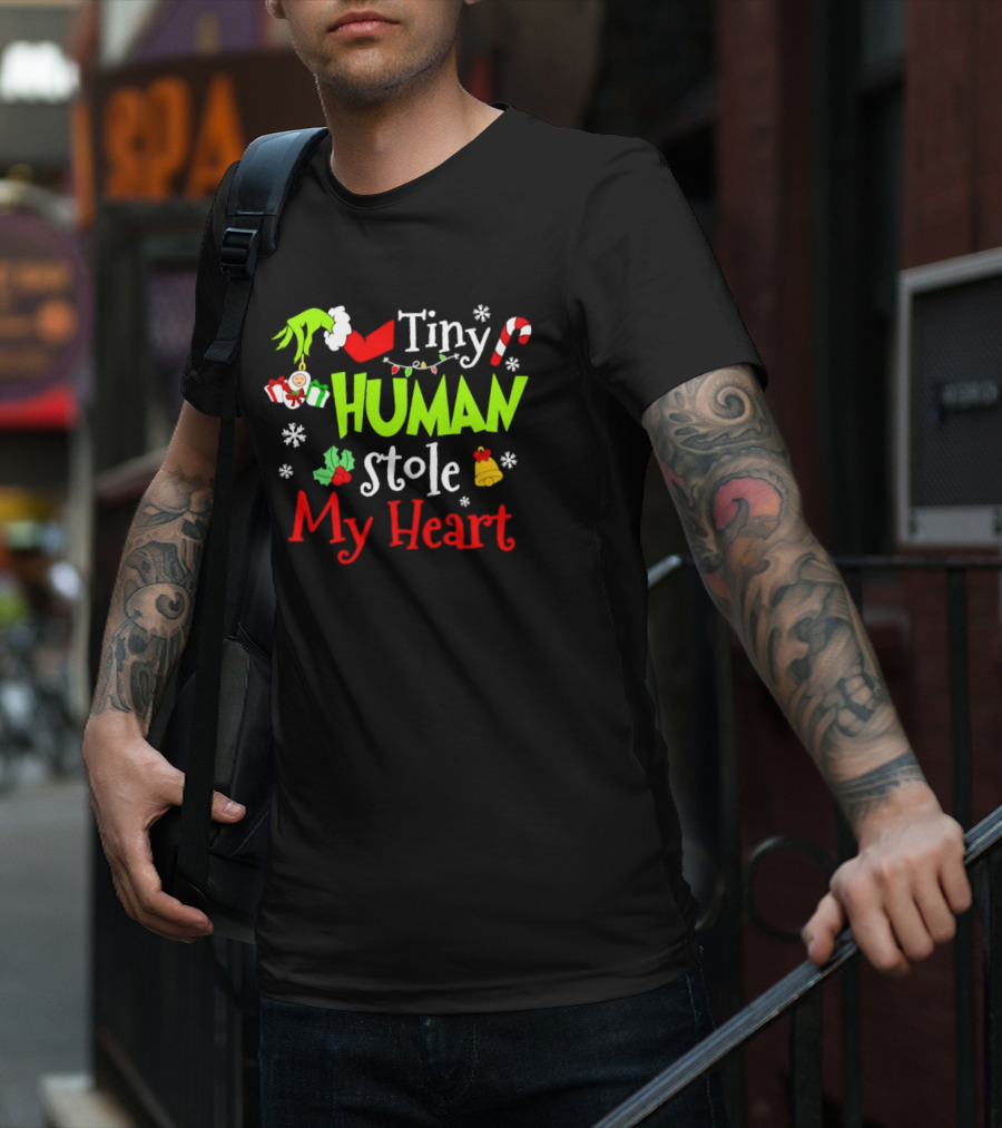 Tiny Human Stole My Heart Grinchmas Xmas With Candy Cane And Gifts T-Shirt