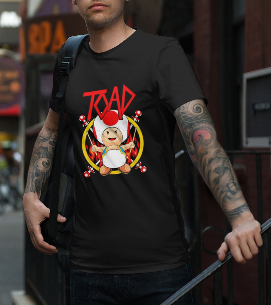 TOAD Heavy Metal Mushroom Drummer With Drumsticks And Flames Background T-Shirt
