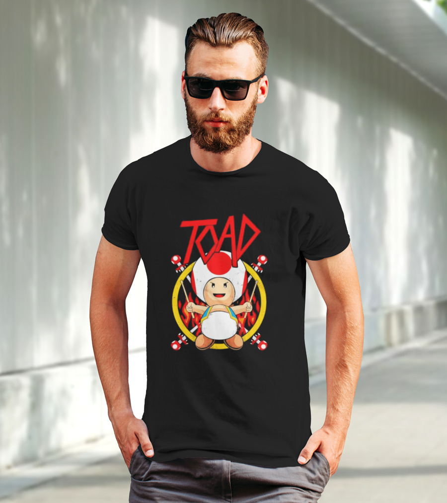 TOAD Heavy Metal Mushroom Drummer With Drumsticks And Flames Background T-Shirt