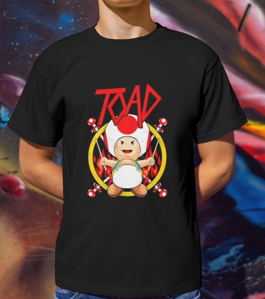TOAD Heavy Metal Mushroom Drummer With Drumsticks And Flames Background T-Shirt