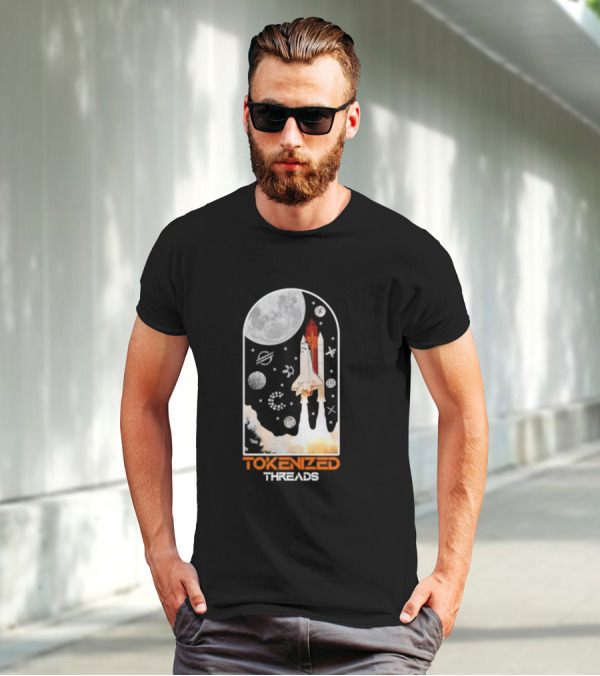 Tokenized Threads Space Shuttle Launch Under Moon With Planets And Stars T-Shirt