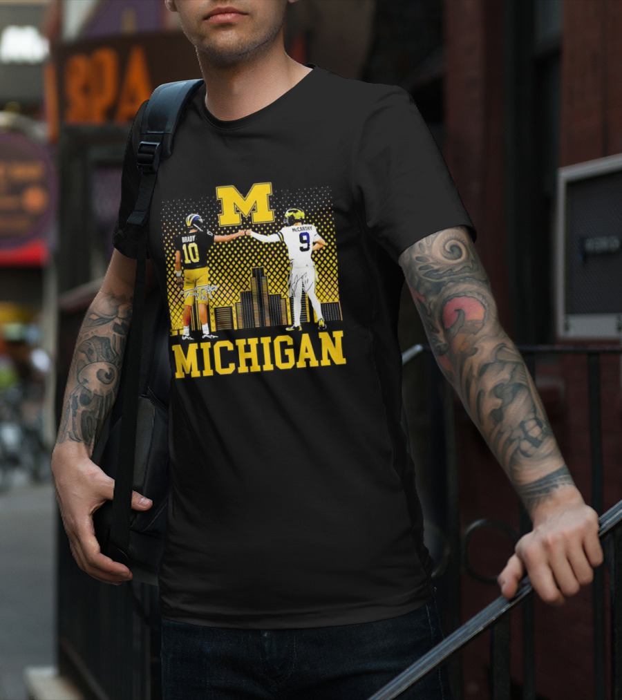 Michigan Wolverines Tom Brady Jj McCarthy Iconic Players Fist Bump Skyline T-Shirt