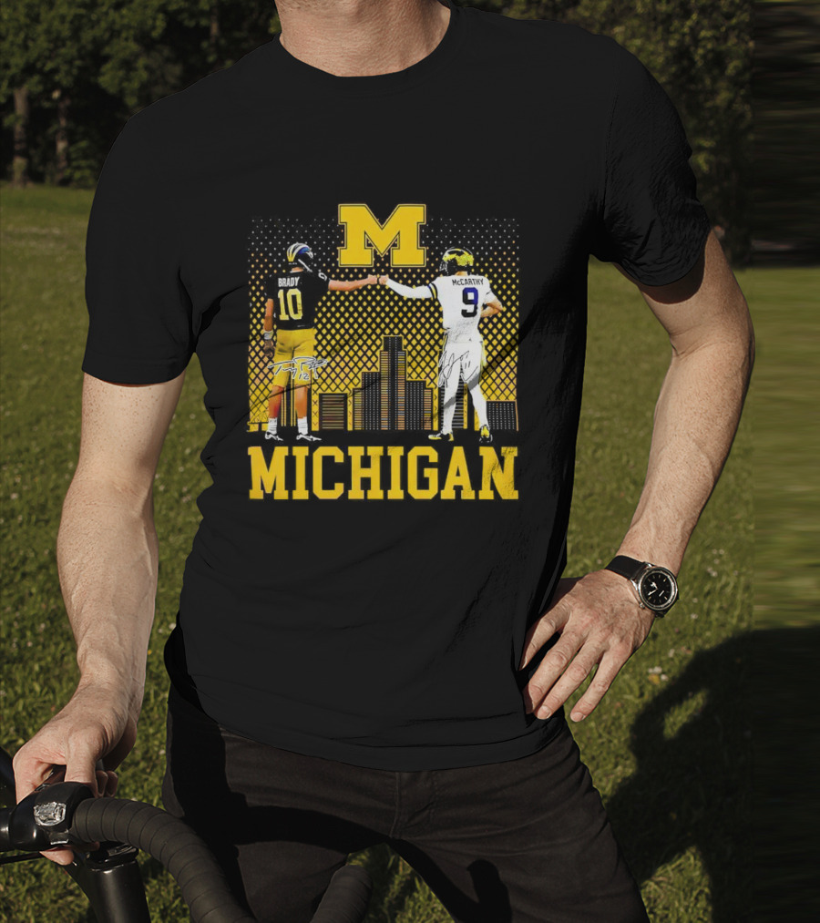 Michigan Wolverines Tom Brady Jj McCarthy Iconic Players Fist Bump Skyline T-Shirt