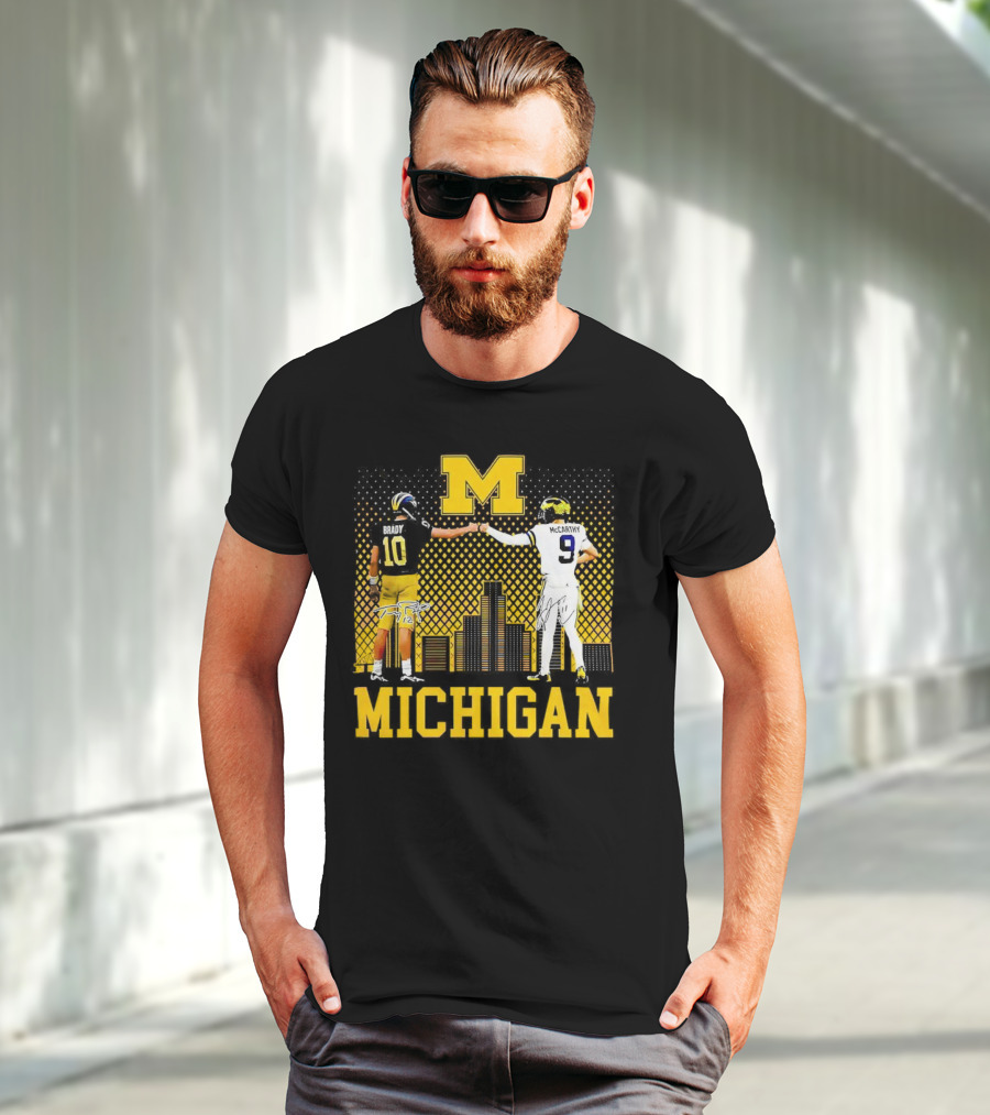Michigan Wolverines Tom Brady Jj McCarthy Iconic Players Fist Bump Skyline T-Shirt