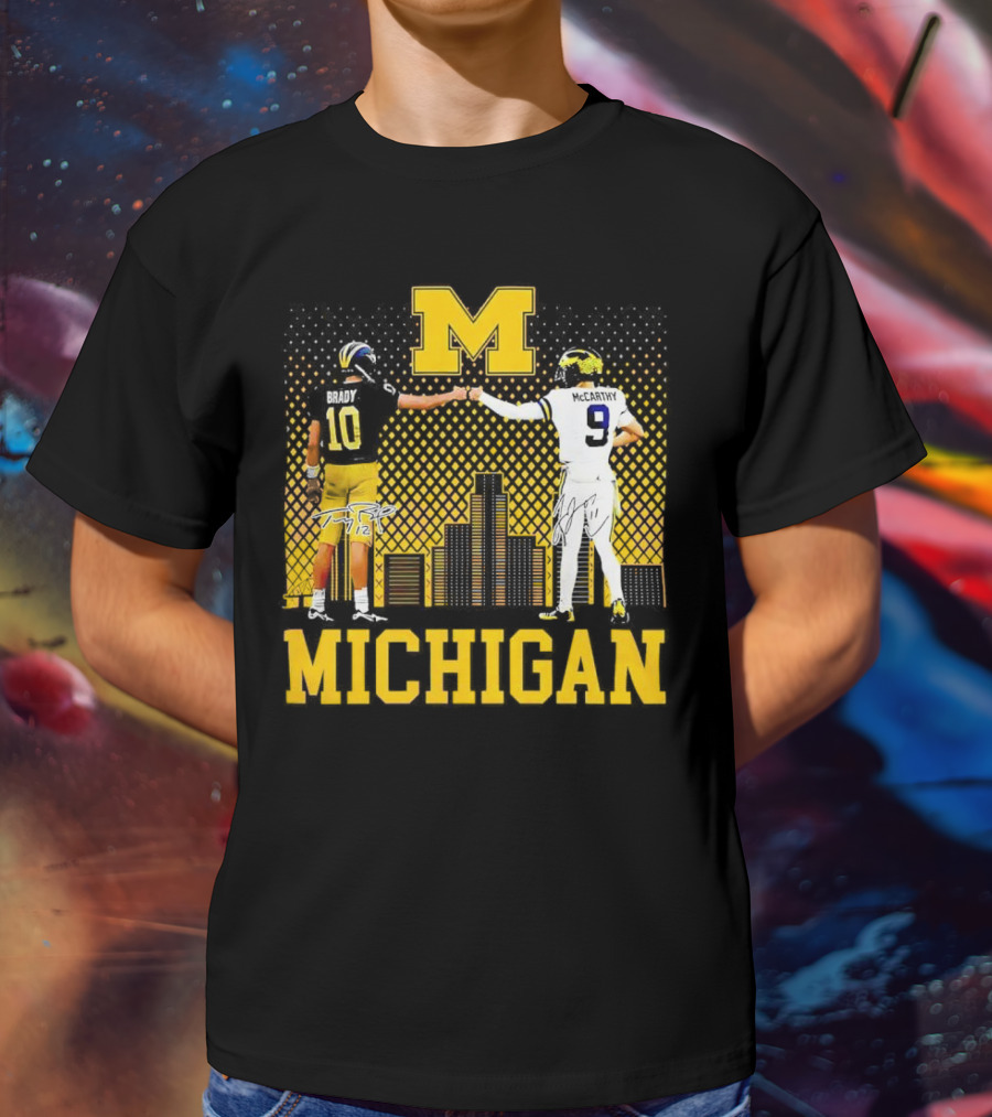 Michigan Wolverines Tom Brady Jj McCarthy Iconic Players Fist Bump Skyline T-Shirt