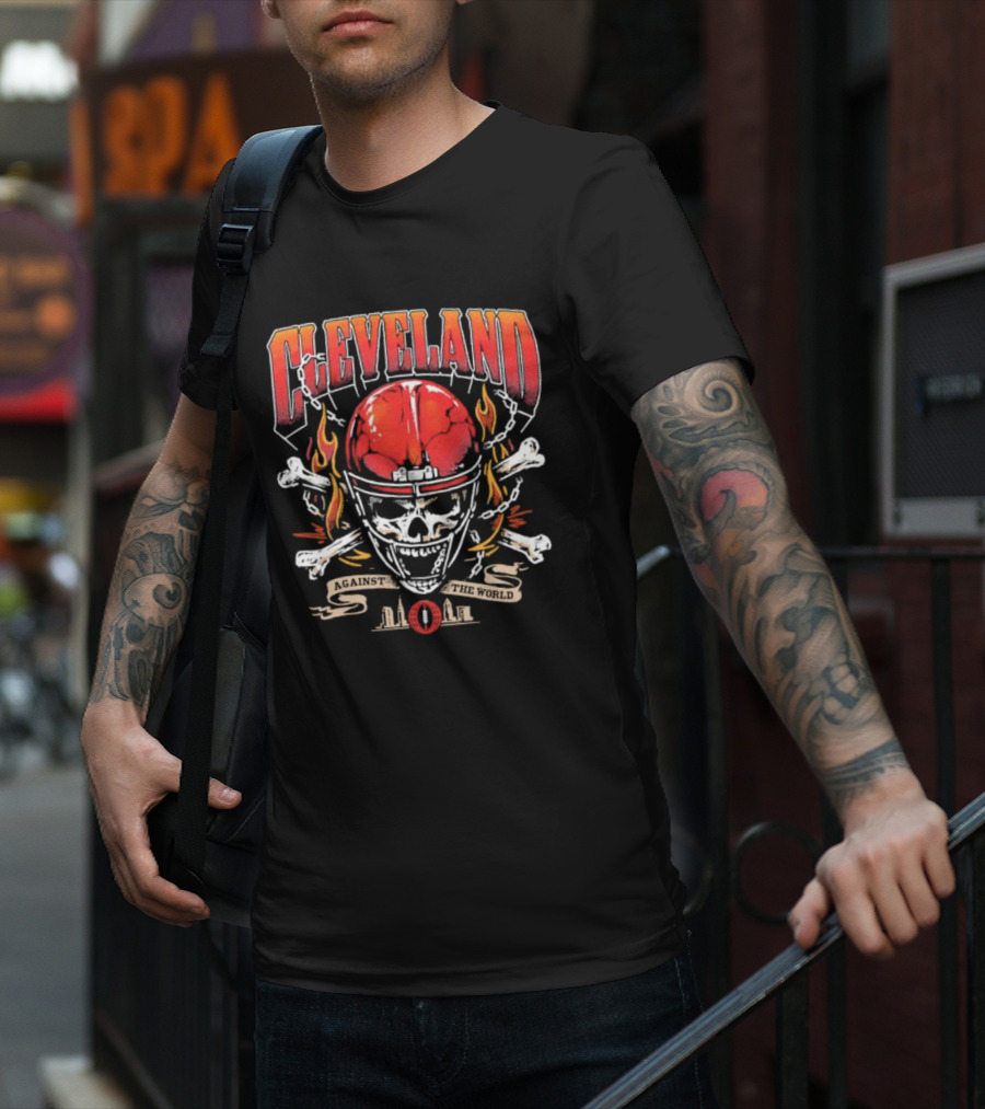 Cleveland Against The World Skull Helmet Flames Crossbones T-Shirt