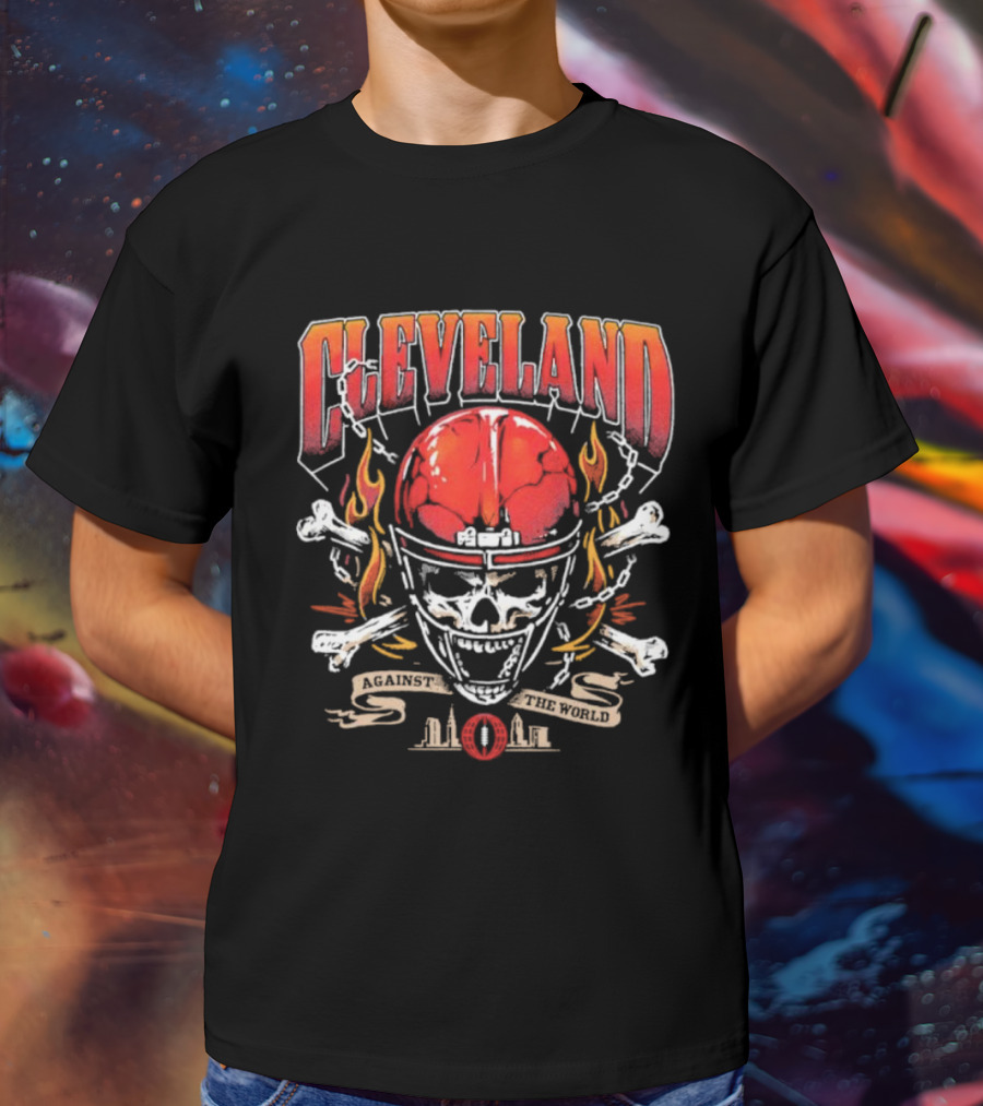 Cleveland Against The World Skull Helmet Flames Crossbones T-Shirt