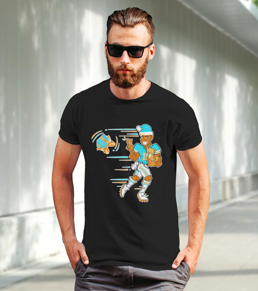 Tyreek Hill Cheetah Claus Football Holiday Player With Cheetah And Santa Hat T-Shirt