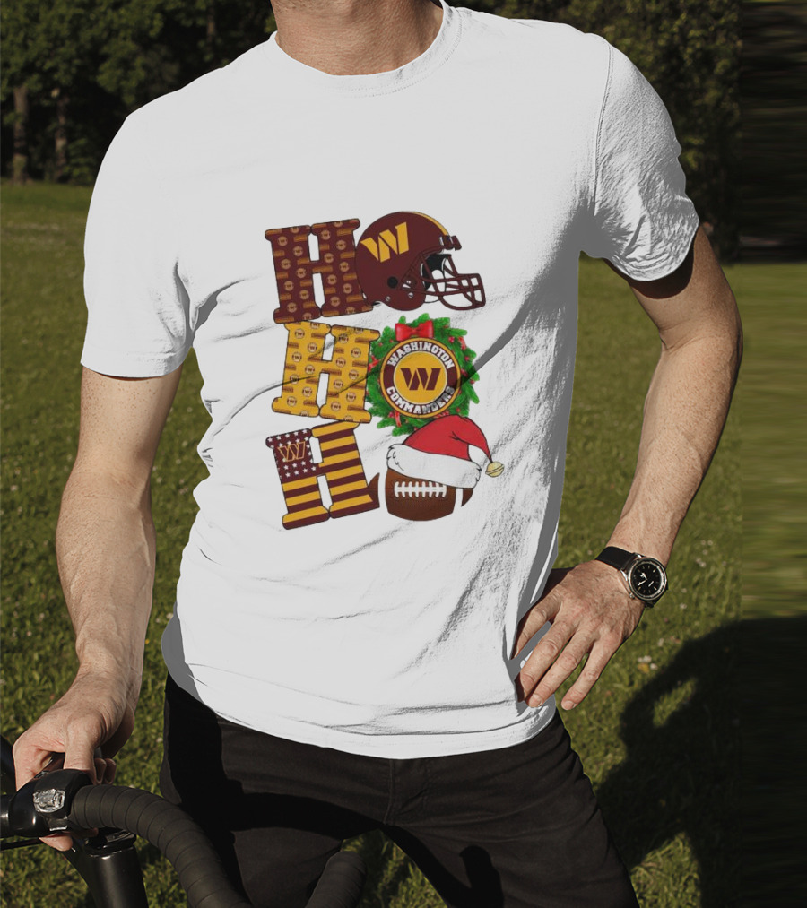 Washington Commanders Helmet Wreath Football Ho Ho Ho Merry Christmas T-Shirt