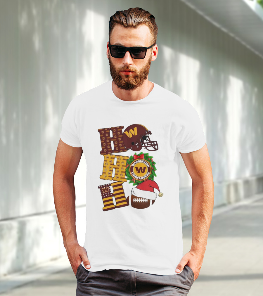 Washington Commanders Helmet Wreath Football Ho Ho Ho Merry Christmas T-Shirt