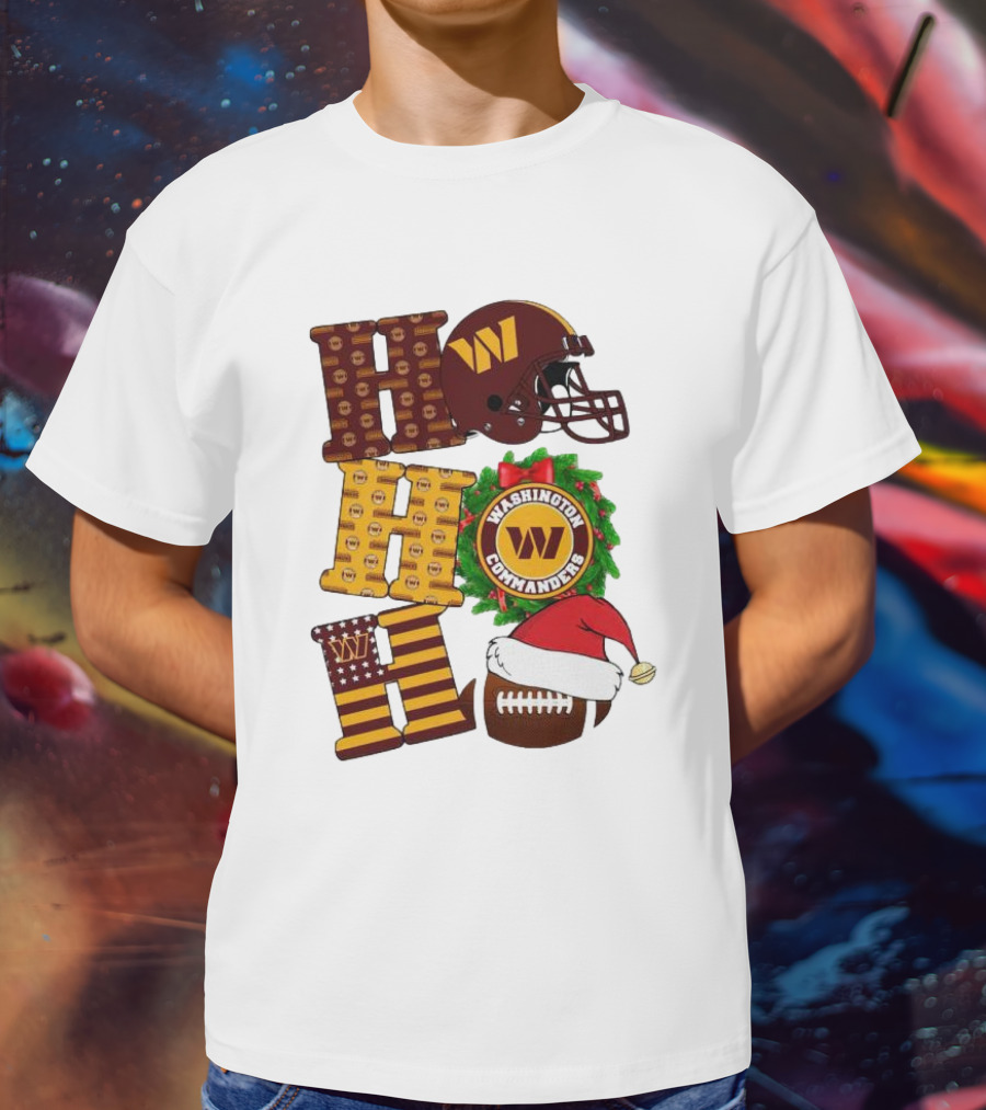Washington Commanders Helmet Wreath Football Ho Ho Ho Merry Christmas T-Shirt