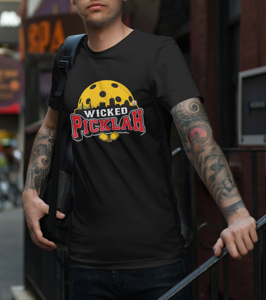 Wicked Picklah Boston Skyline Pickleball Paddle Bridge T-Shirt