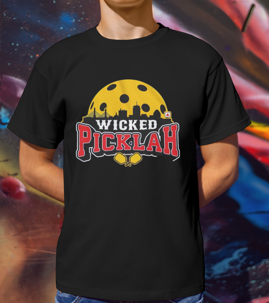 Wicked Picklah Boston Skyline Pickleball Paddle Bridge T-Shirt