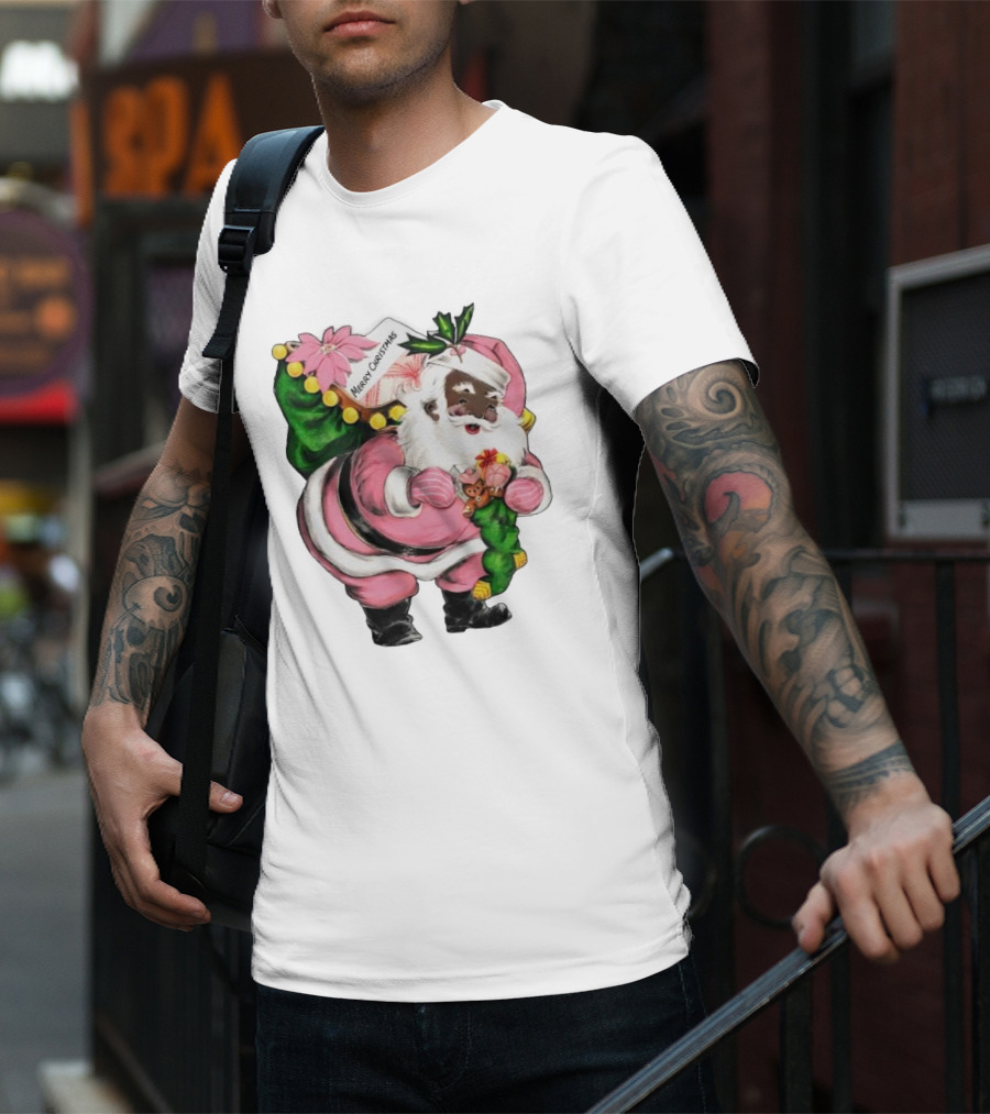Merry Christmas Santa Claus Wear Pink Outfit With Sack And Toys T-Shirt