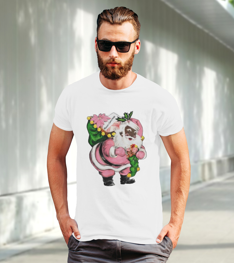 Merry Christmas Santa Claus Wear Pink Outfit With Sack And Toys T-Shirt