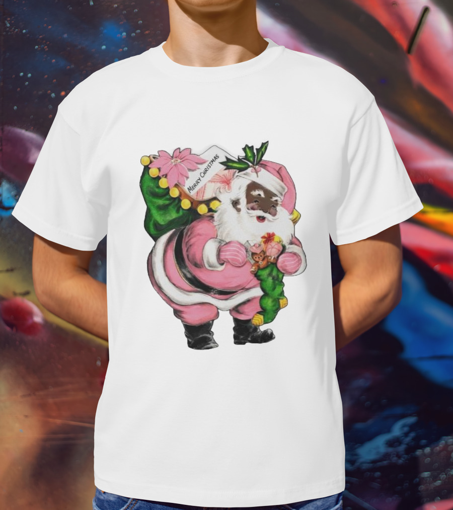 Merry Christmas Santa Claus Wear Pink Outfit With Sack And Toys T-Shirt