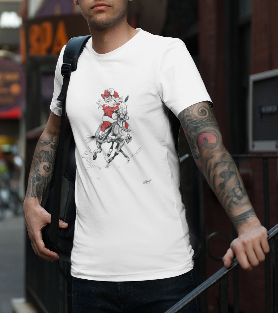Santa Riding Mule Festive Holiday Adventure T-Shirt
