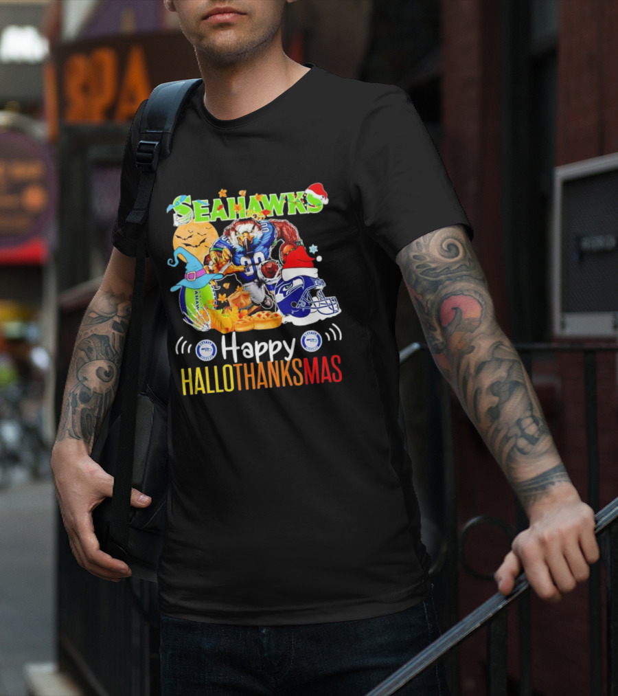 Seattle Seahawks Happy HalloThanksMas Holiday T-Shirt