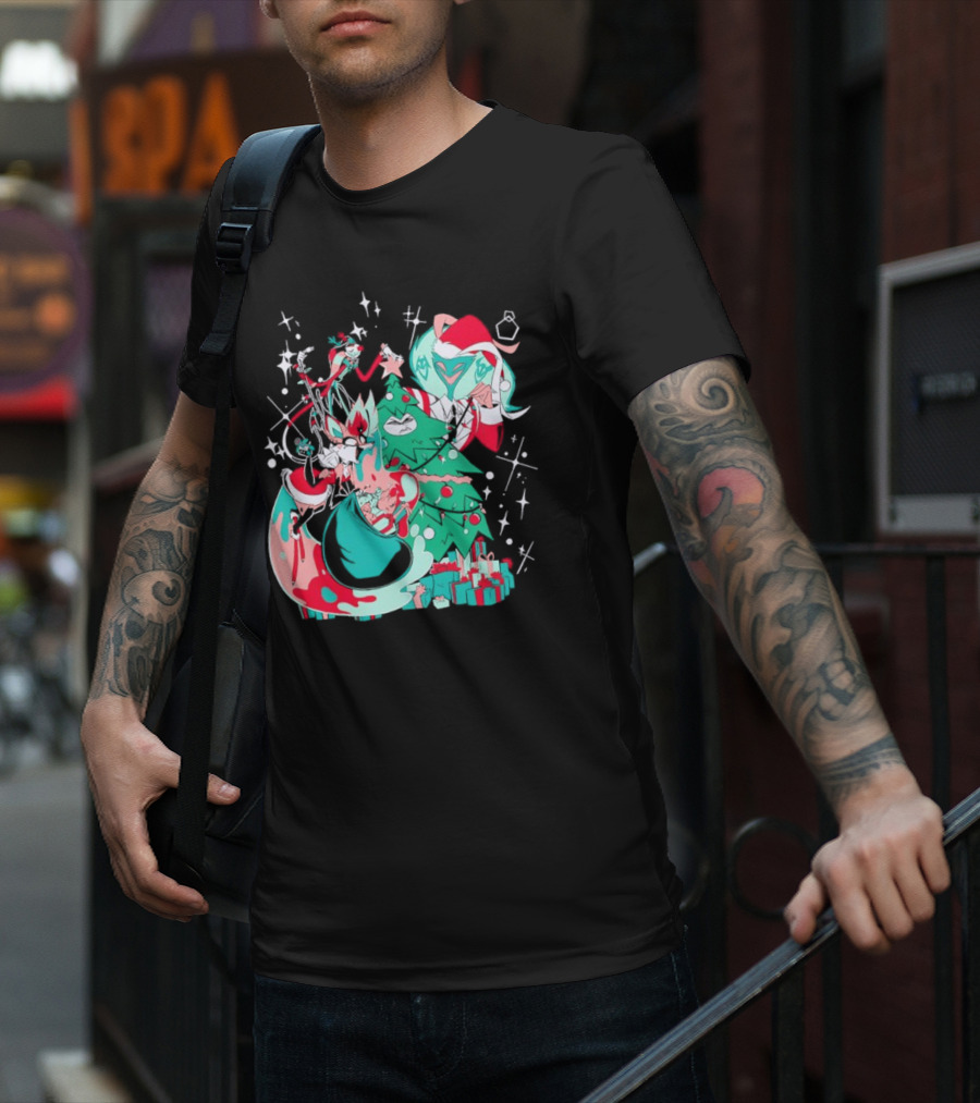 Shark Robot Sinful Holiday Christmas Hazbin Hotel Festive Tree And Characters T-Shirt