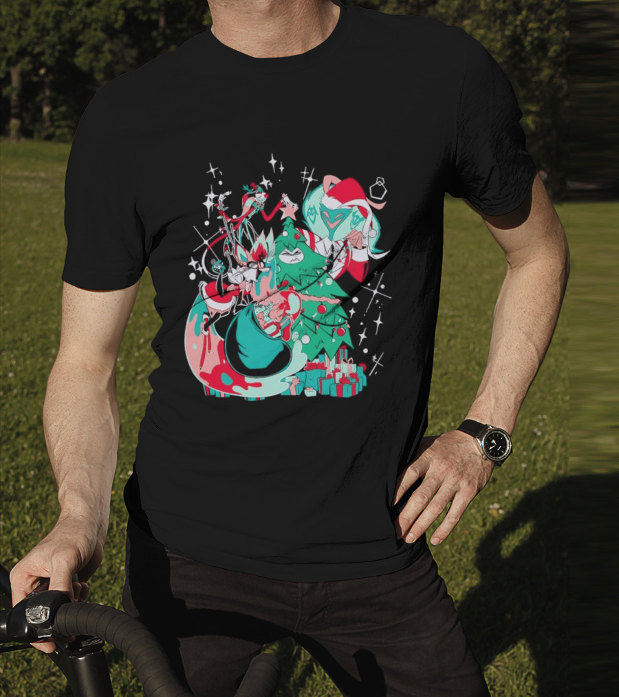Shark Robot Sinful Holiday Christmas Hazbin Hotel Festive Tree And Characters T-Shirt