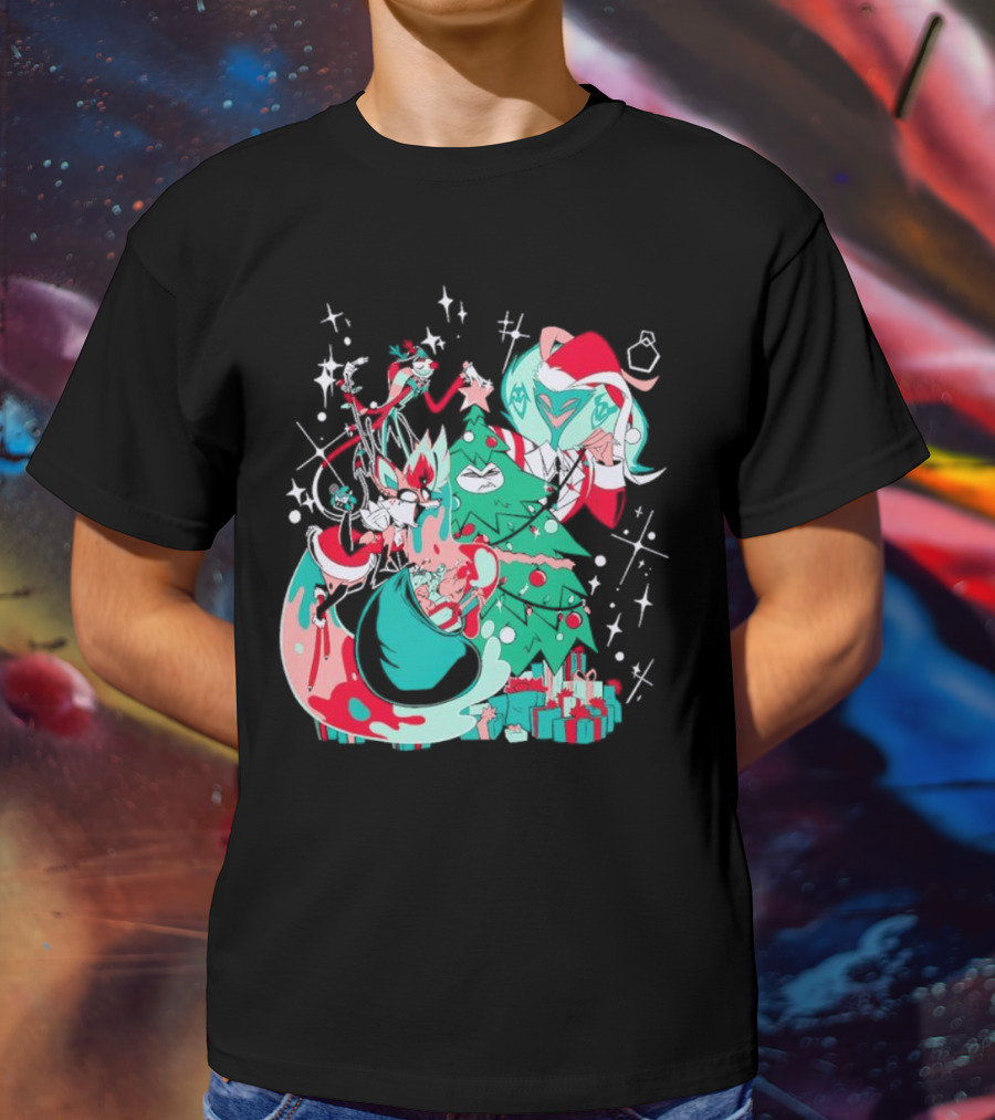 Shark Robot Sinful Holiday Christmas Hazbin Hotel Festive Tree And Characters T-Shirt