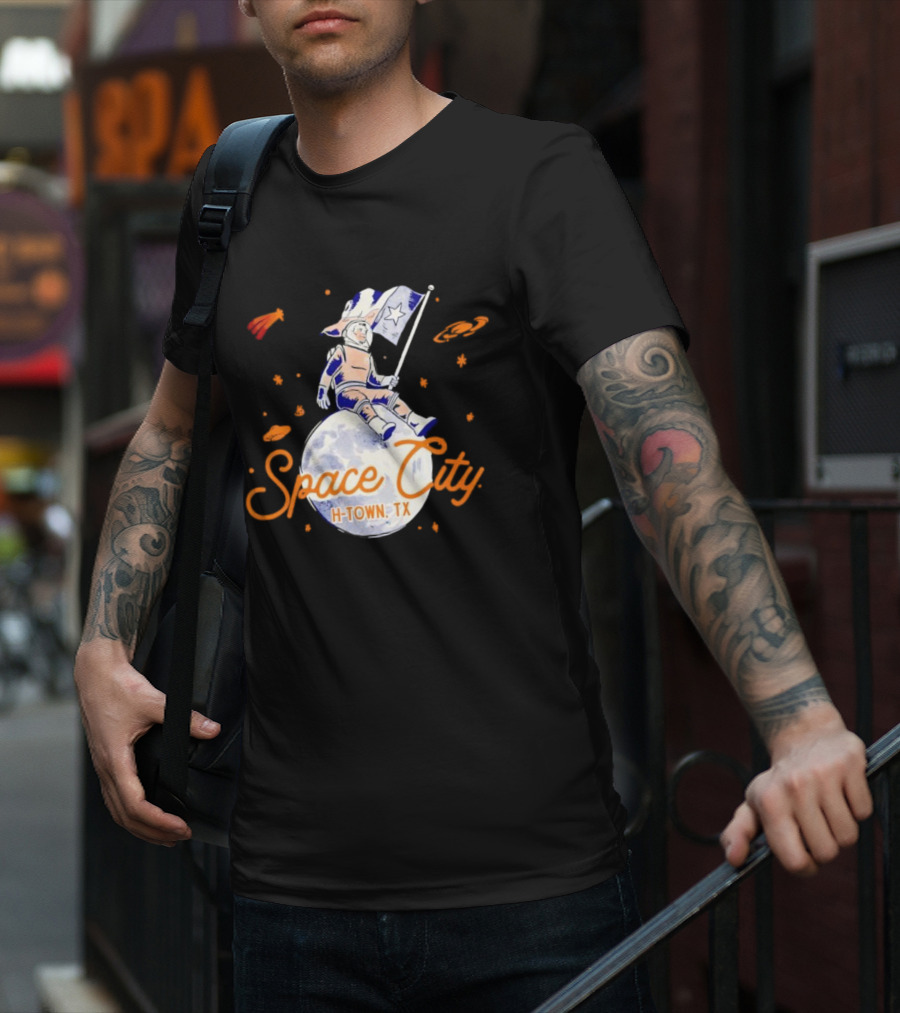 Space City H-Town TX Astronaut On Moon With Saturn And Stars T-Shirt
