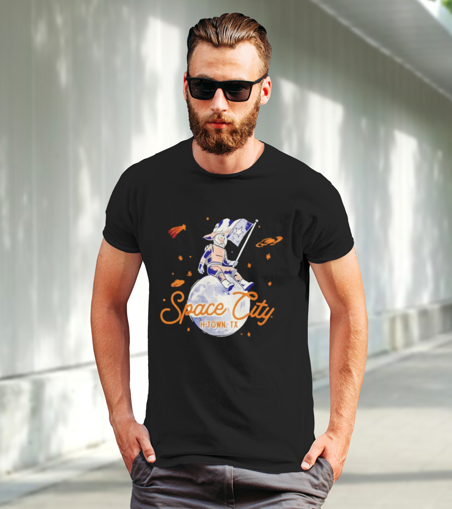 Space City H-Town TX Astronaut On Moon With Saturn And Stars T-Shirt